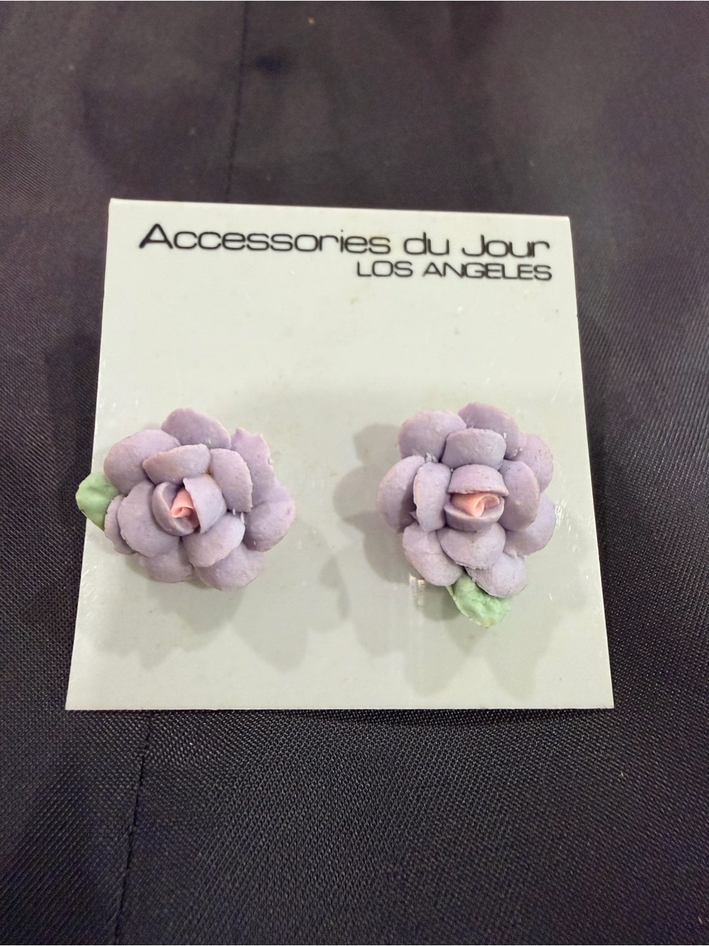 Vintage Accessories du Jour LA Purple Lavender Porcelain Rose Earrings